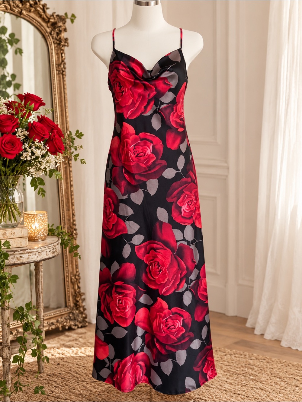 Y2K Charlotte Russe Red Rose Floral Maxi Slip Satin Romantic Goth Glam Dress Sz